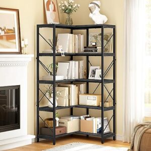 YITAHOME Corner Bookshelf, Industrial Corner Shelf 5 Tier Bookcase, Large Display Rack Storage for Bedroom, Living Room, Home Office,Charcoal Gray + Black