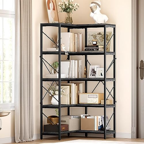 YITAHOME Corner Bookshelf, Industrial Corner Shelf 5 Tier Bookcase, Large Display Rack Storage for Bedroom, Living Room, Home Office,Charcoal Gray + Black