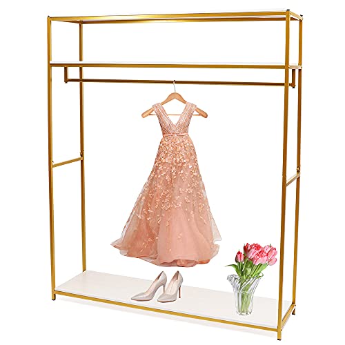 LGODDYS Gold Metal Clothing Rack with 3 Wood Shelf Heavy Duty Freestanding Garment Rack Wedding Dress Retail Studio Display Stand Shoes Bags Clothes Organizer Storage Shelves