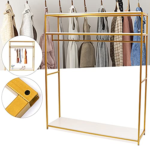 LGODDYS Gold Metal Clothing Rack with 3 Wood Shelf Heavy Duty Freestanding Garment Rack Wedding Dress Retail Studio Display Stand Shoes Bags Clothes Organizer Storage Shelves