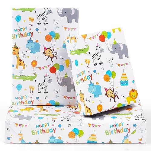 Birthday Wrapping Paper For Kids Baby Girls Boys, 6 Sheets Monkey Lion Elephant Giraffe Alligator Zebra Animals Party Design 20 x 28 inch Gift Paper for Birthday Baby Shower Kindergarten Newborn