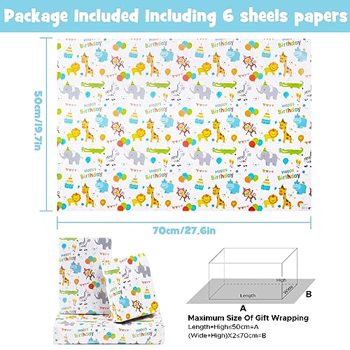 Birthday Wrapping Paper For Kids Baby Girls Boys, 6 Sheets Monkey Lion Elephant Giraffe Alligator Zebra Animals Party Design 20 x 28 inch Gift Paper for Birthday Baby Shower Kindergarten Newborn