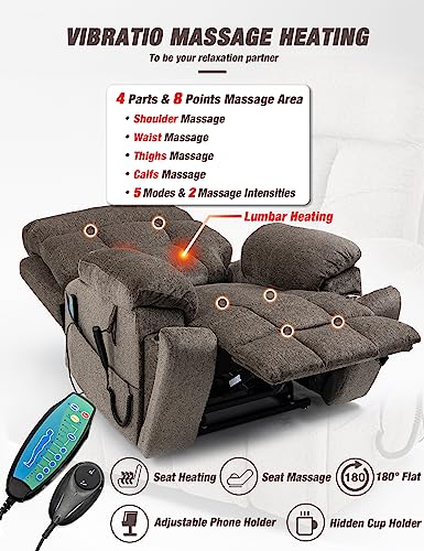 Cobplns 26 in Extra Wide Recliner&Overstuffed Chair, 400lb Weight Capacity 180° Adjustment Comfort Large Recliner & Lift Chair with Water Cup Holder, Full Body Massage, Lumbar Heating(Grey)