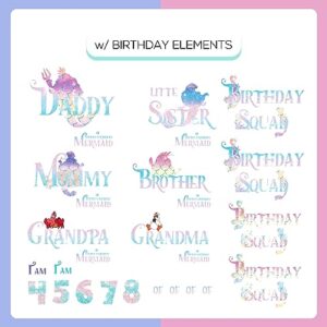 Mermaid Birthday Iron on Transfer for Family Members Shirts - Print Matching Tees Shirt Silhouette Heat Decal Vinyl Patches Applique for Birthday Party Decoration Supplies Matching Girl HTV