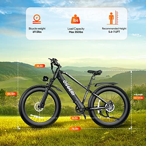 Osoeri 26'' x 4'' Fat Tire Electric Bike for Adults, 65Miles Range 48V 20Ah LG Cells Battery Ebike, 750W Brushless Motor 28MPH Shimano 7-Speed Electric Bicycle, Lockable Suspension Fork, Black