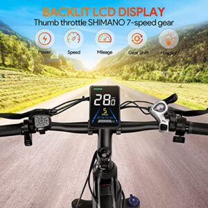 Osoeri 26'' x 4'' Fat Tire Electric Bike for Adults, 65Miles Range 48V 20Ah LG Cells Battery Ebike, 750W Brushless Motor 28MPH Shimano 7-Speed Electric Bicycle, Lockable Suspension Fork, Black