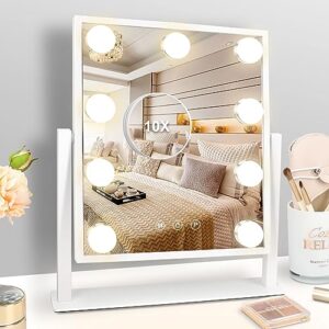 Hazifes Hollywood Vanity Mirror with Lights 9 LED,Tabletop Makeup Mirror with Smart Touch Control 3 Colors Dimable LED Bulbs Detachable 10X Magnification 360°Rotation White