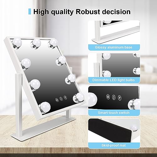 Hazifes Hollywood Vanity Mirror with Lights 9 LED,Tabletop Makeup Mirror with Smart Touch Control 3 Colors Dimable LED Bulbs Detachable 10X Magnification 360°Rotation White