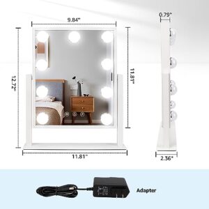 Hazifes Hollywood Vanity Mirror with Lights 9 LED,Tabletop Makeup Mirror with Smart Touch Control 3 Colors Dimable LED Bulbs Detachable 10X Magnification 360°Rotation White