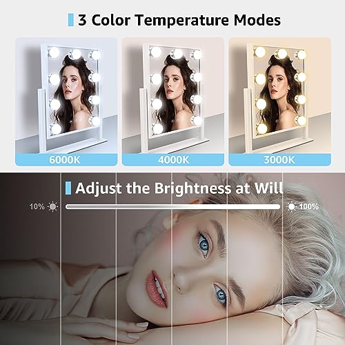 Hazifes Hollywood Vanity Mirror with Lights 9 LED,Tabletop Makeup Mirror with Smart Touch Control 3 Colors Dimable LED Bulbs Detachable 10X Magnification 360°Rotation White