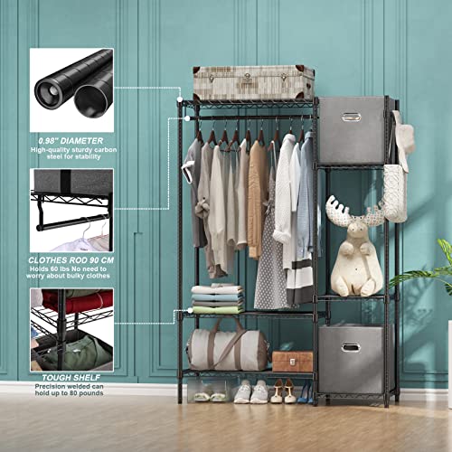 Likein Heavy Duty Clothes Rack, Black Metal Clothing Rack with Shelves and 2 Fabric Organizer Drawers, 6 Tiers Clothing Racks for Hanging Clothes Garment Rack Free Standing 17.7"D x 51.2"W x 72.8"H