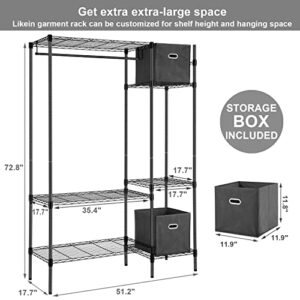Likein Heavy Duty Clothes Rack, Black Metal Clothing Rack with Shelves and 2 Fabric Organizer Drawers, 6 Tiers Clothing Racks for Hanging Clothes Garment Rack Free Standing 17.7"D x 51.2"W x 72.8"H