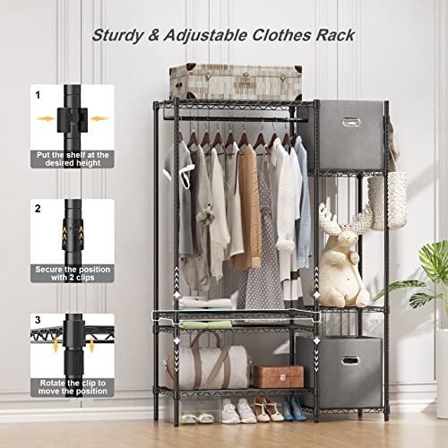 Likein Heavy Duty Clothes Rack, Black Metal Clothing Rack with Shelves and 2 Fabric Organizer Drawers, 6 Tiers Clothing Racks for Hanging Clothes Garment Rack Free Standing 17.7"D x 51.2"W x 72.8"H