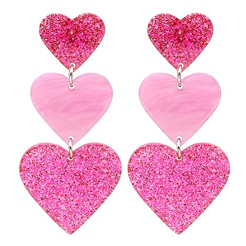 Pink Heart Earrings for Women,Double Heart Drop Earrings Y2K Lover Heart Dangle Earrings Summer Beach Acrylic Candy-colored Earrings Valentine's Day Jewelry Gift (pink)