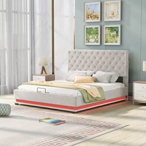 fiqhome queen size lift up storage bed, upholstered platform bed with led light, bed frame full size with velvet tufted adjustable headboard for teens adults,beige