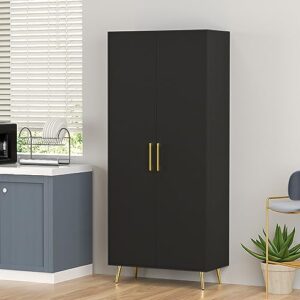 novamaison 69” tall storage cabinet - black storage cabinet w/ 2 doors and adjustable shelves, freestanding kitchen pantry w/gold handles and legs, wooden wardrobe cabinet for bedroom, laundry