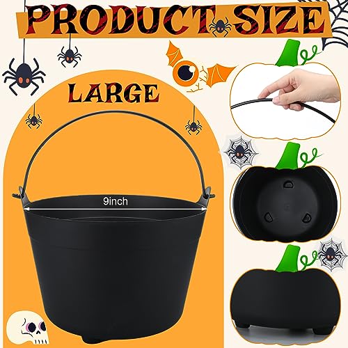 Roshtia Halloween Plastic Black Cauldron Pot with Handle Large Witch Cauldron Halloween Basket Candy Bowl Decoration Black Cauldron Trick or Treat Bucket Kettle for Party Favor(9 Inch, 4 Pcs)