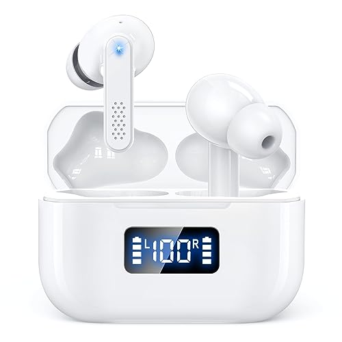 True Wireless Earbuds Bluetooth 5.3 Headphones with Charging Case, 48Hrs Playtime Stereo in-Ear Earphones Built-in Mic for iPhone Android Cell Phone HD Call, Lightweight White Ear Buds