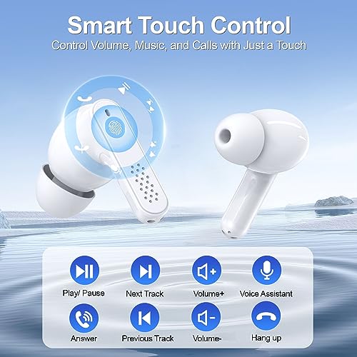 True Wireless Earbuds Bluetooth 5.3 Headphones with Charging Case, 48Hrs Playtime Stereo in-Ear Earphones Built-in Mic for iPhone Android Cell Phone HD Call, Lightweight White Ear Buds