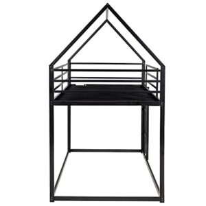 OPTOUGH Twin Over Twin House Bunk Bed with Built-in Ladder, Metal Low Bunk Bed for Kids Girls Boys, Black