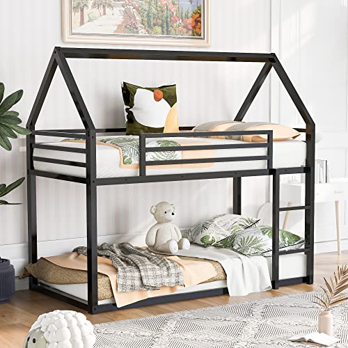 OPTOUGH Twin Over Twin House Bunk Bed with Built-in Ladder, Metal Low Bunk Bed for Kids Girls Boys, Black