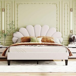 ATY Upholstered Queen Size Platform Bed, Velvet Fabric Bedframe with Flower Pattern Headboard & 12 Wood Slat Support, Elegant Style for Bedroom, Guestroom, No Box Spring Needed, Beige