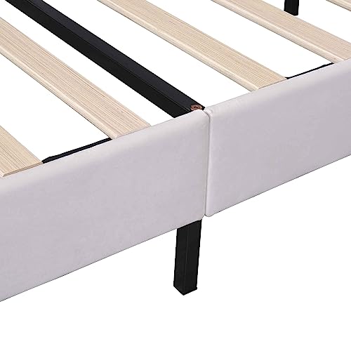 ATY Upholstered Queen Size Platform Bed, Velvet Fabric Bedframe with Flower Pattern Headboard & 12 Wood Slat Support, Elegant Style for Bedroom, Guestroom, No Box Spring Needed, Beige