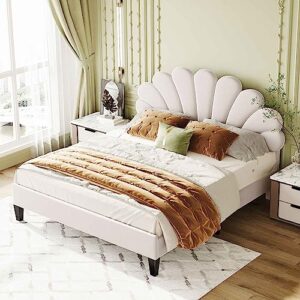 ATY Upholstered Queen Size Platform Bed, Velvet Fabric Bedframe with Flower Pattern Headboard & 12 Wood Slat Support, Elegant Style for Bedroom, Guestroom, No Box Spring Needed, Beige