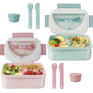 2 set 1.5l bento lunch box kit for adult, 4 compartment leak proof lunch containers snack boxes with fork & spoon, bpa free, food prep storage containers to go for travel work daycare, green+pink