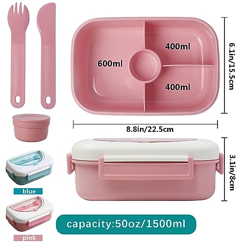 2 Set 1.5L Bento Lunch Box Kit for Adult, 4 Compartment Leak Proof Lunch Containers Snack Boxes with Fork & Spoon, BPA Free, Food Prep Storage Containers To Go for Travel Work Daycare, Green+Pink