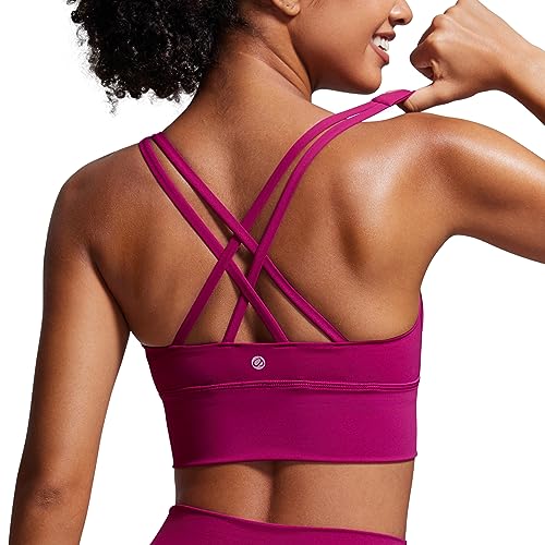 CRZ YOGA Womens Strappy Longline Sports Bra - Wirefree Criss Cross Padded Crop Tank Top Workout Yoga Bras Magenta Purple Small