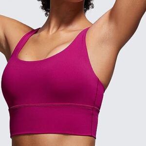 CRZ YOGA Womens Strappy Longline Sports Bra - Wirefree Criss Cross Padded Crop Tank Top Workout Yoga Bras Magenta Purple Small