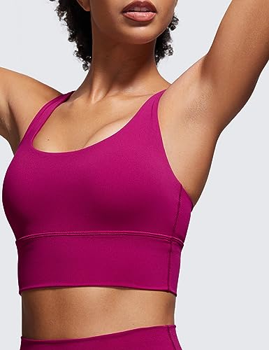 CRZ YOGA Womens Strappy Longline Sports Bra - Wirefree Criss Cross Padded Crop Tank Top Workout Yoga Bras Magenta Purple Small