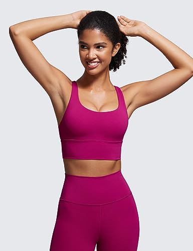 CRZ YOGA Womens Strappy Longline Sports Bra - Wirefree Criss Cross Padded Crop Tank Top Workout Yoga Bras Magenta Purple Small