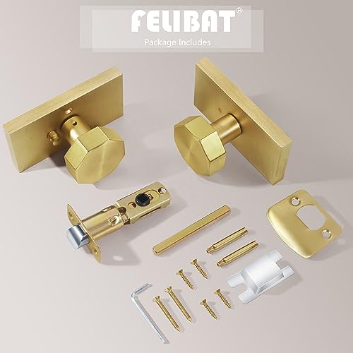 Felibat Privacy Gold Door Knob Interior, Octagonal Satin Brass Door Knobs with Lock, Rectangle Rosette Door Handles