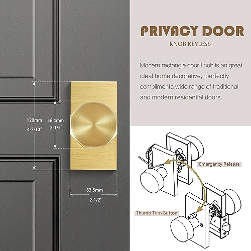 Felibat Privacy Gold Door Knob Interior, Octagonal Satin Brass Door Knobs with Lock, Rectangle Rosette Door Handles