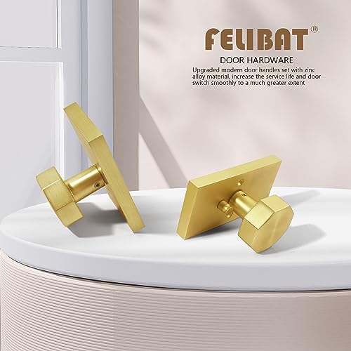 Felibat Privacy Gold Door Knob Interior, Octagonal Satin Brass Door Knobs with Lock, Rectangle Rosette Door Handles