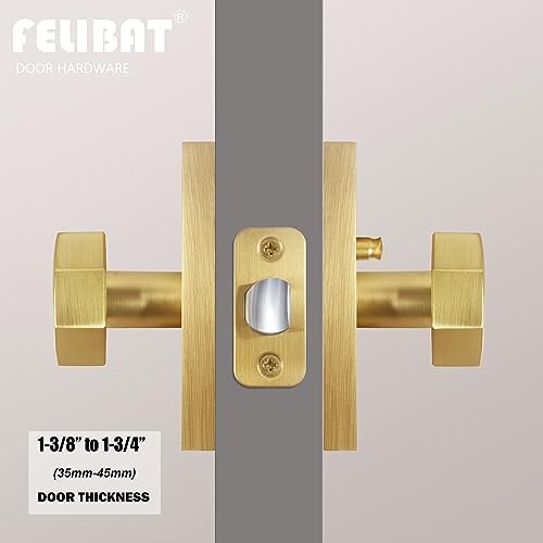 Felibat Privacy Gold Door Knob Interior, Octagonal Satin Brass Door Knobs with Lock, Rectangle Rosette Door Handles