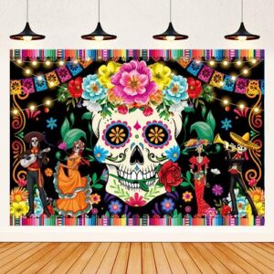 mexican day of the dead party decoration supplies backdrop banner for mexican fiesta skull flowers photo booth background dia de los muertos for alebrijes mexicanos home wall door decor，5x3ft