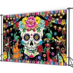 Mexican Day of The Dead Party Decoration Supplies Backdrop Banner for Mexican Fiesta Skull Flowers Photo Booth Background Dia DE Los Muertos for Alebrijes Mexicanos Home Wall Door Decor，5x3FT