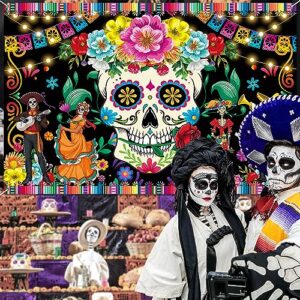 Mexican Day of The Dead Party Decoration Supplies Backdrop Banner for Mexican Fiesta Skull Flowers Photo Booth Background Dia DE Los Muertos for Alebrijes Mexicanos Home Wall Door Decor，5x3FT
