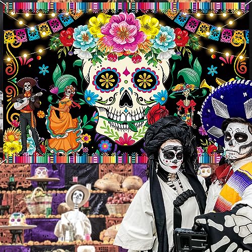 Mexican Day of The Dead Party Decoration Supplies Backdrop Banner for Mexican Fiesta Skull Flowers Photo Booth Background Dia DE Los Muertos for Alebrijes Mexicanos Home Wall Door Decor，5x3FT