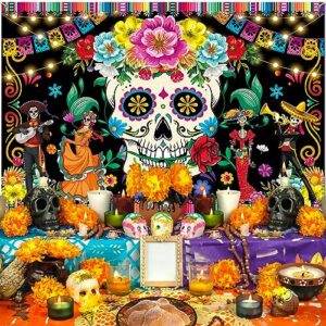 Mexican Day of The Dead Party Decoration Supplies Backdrop Banner for Mexican Fiesta Skull Flowers Photo Booth Background Dia DE Los Muertos for Alebrijes Mexicanos Home Wall Door Decor，5x3FT