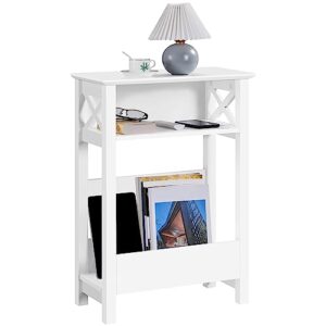 yaheetech small side table with storage shelf, 3-tier slim end table with magazine rack, x shaped magazine table for living room home office balcony small spaces, 20? l � 10? w � 28? h, white