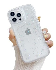 jyjfmlzc compatible with iphone 14 pro wavy edge shiny stars clear cute phone case for women girls all-around soft tpu anti-collision anti-shock transparent phone case for iphone 14 pro-clear