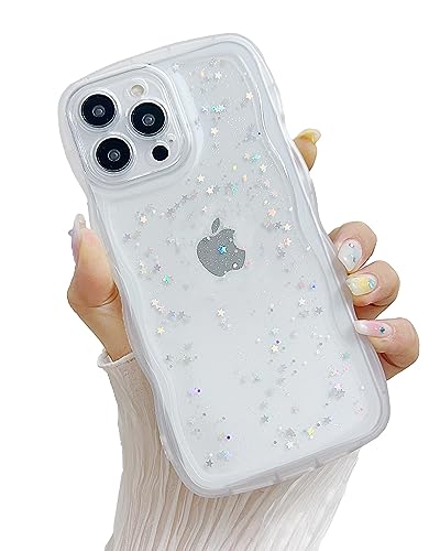 JYJFMLZC Compatible with iPhone 14 Pro Wavy Edge Shiny Stars Clear Cute Phone Case for Women Girls All-Around Soft TPU Anti-Collision Anti-Shock Transparent Phone Case for iPhone 14 Pro-Clear