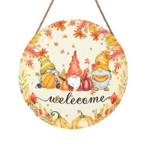 hodmadod fall gnome welcome sign for front door 12"x12" rustic round wood door sign fall welcome wall decorations hanging sign for house front door farmhouse porch yard