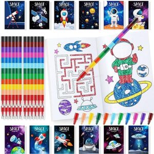 24 outer space coloring books party favors with 24 crayons alien mini drawing book bulk for kids solar system astronaut party galaxy birthday planet decor goodie bag gift stuffer activity supplies