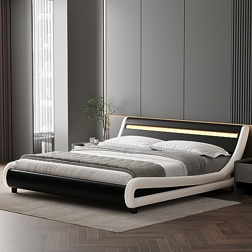 TTVIEW Low Profile Full Size LED Bed Frame with Adjustable Headboard, Modern Upholstered Platform Bed with Wood Slats Support, No Box Spring Needed, Black+White