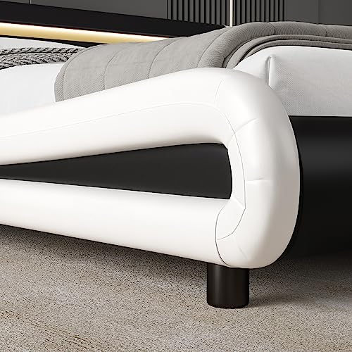 TTVIEW Low Profile Full Size LED Bed Frame with Adjustable Headboard, Modern Upholstered Platform Bed with Wood Slats Support, No Box Spring Needed, Black+White